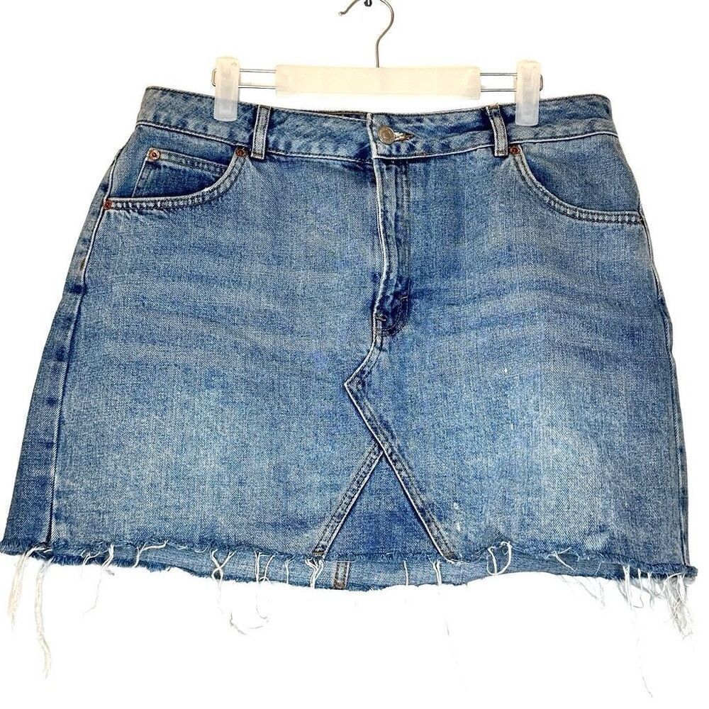 Topshop Moto Frayed Hem Cotton Denim Jean Mini A-Line Skirt Medium Wash Size 16